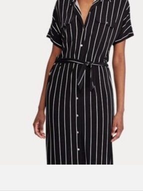 Polo by Ralph Lauren Black and White Vertical Stripe Tie-Neck Dress